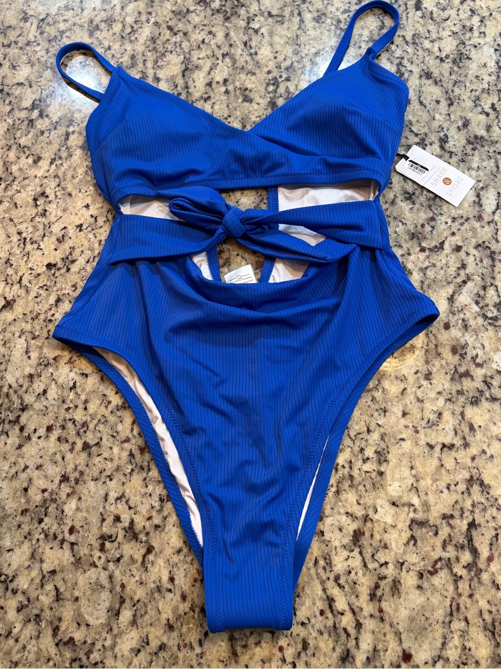 Shade & Shore Royal Blue Ribbed One-Piece Swimsuit with Front Tie